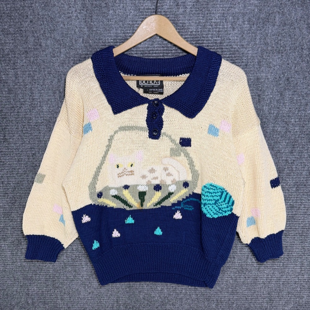Vintage Berek 1987 Hand Knit Cat Pima Cotton Sweater Navy Cream Pastel Uruguay